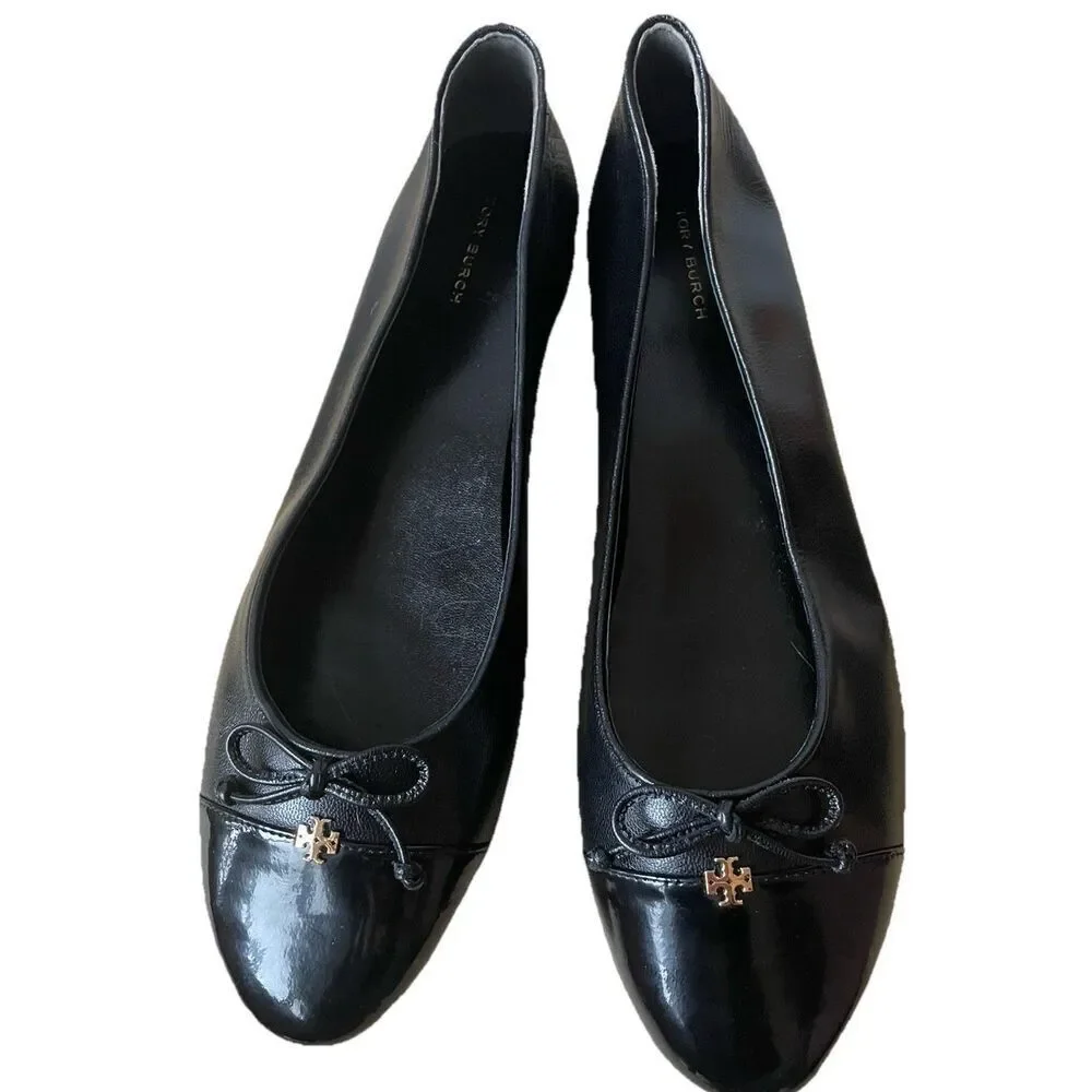 New $275 Tory Burch Cap-Toe Bow Ballet Flats in Perfect Black Size 10.5